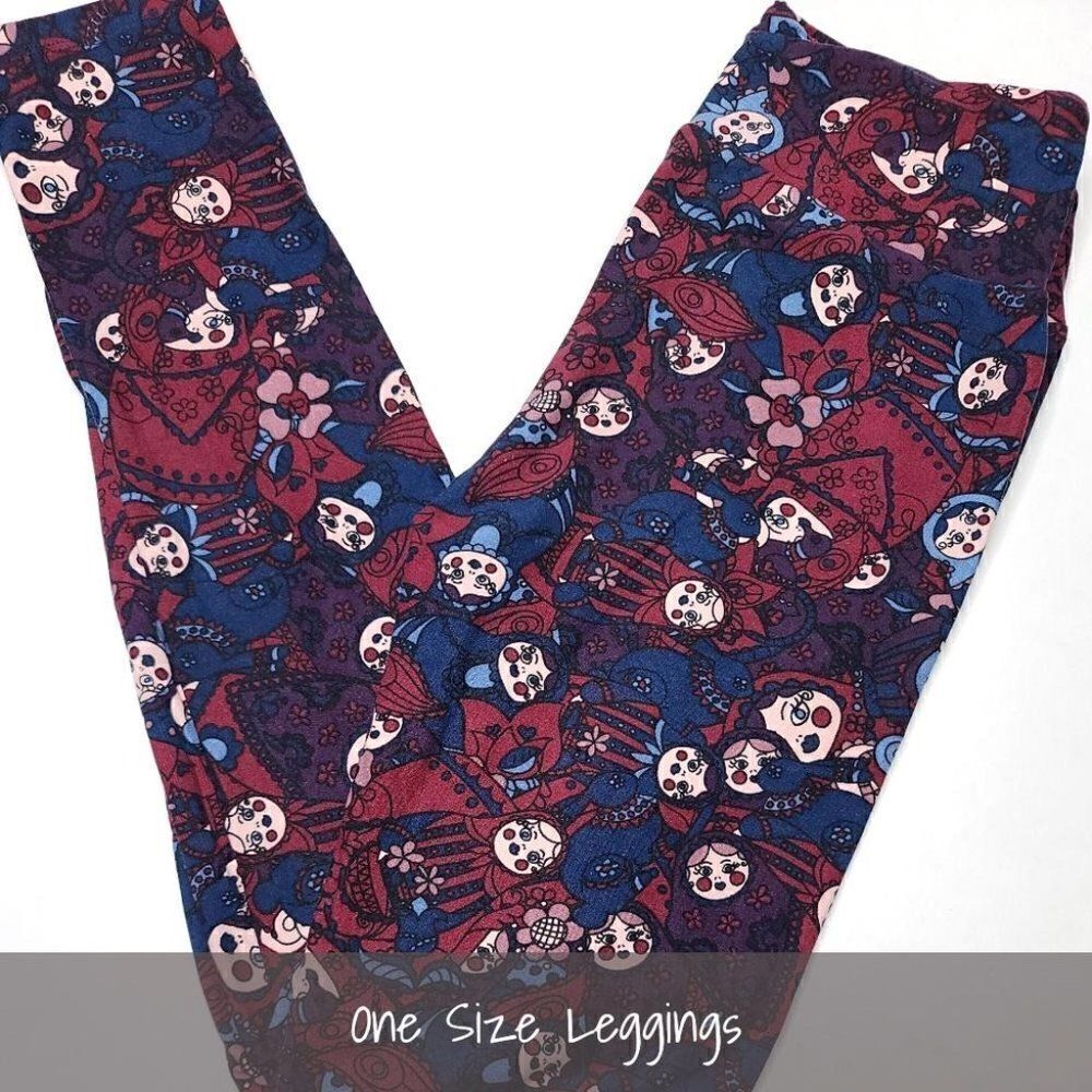 LuLaRoe OS Leggings Russian Nesting Dolls Red Blue NEW